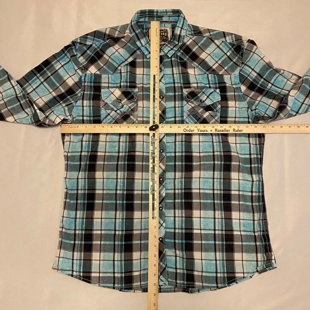 BKE Vintage 67 Athletic‎ Fit Plaid Pearl Snap Western Long Sleeve Teal/Black XXL